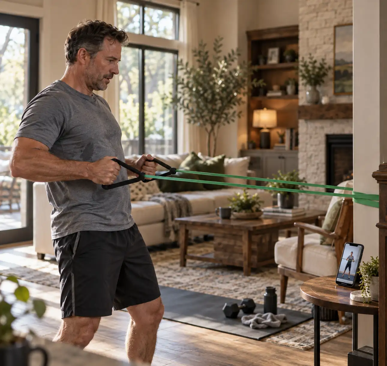 A man practicing a resistance-band exercise at home