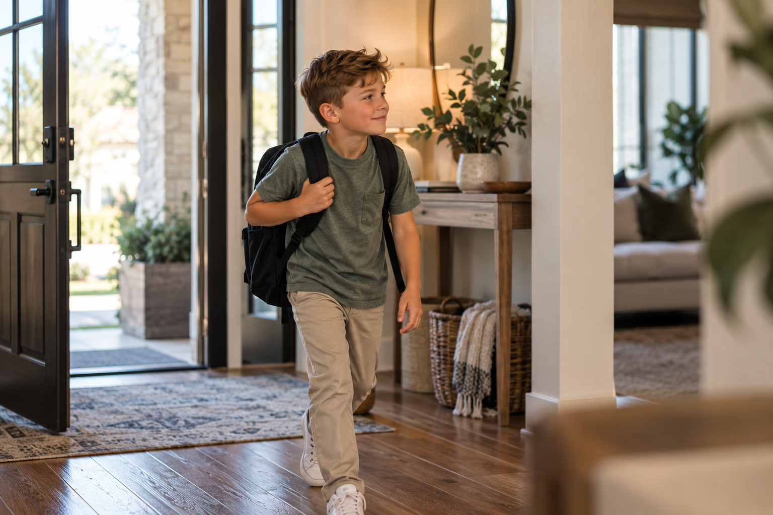 Child wearing a backpack walking through a home entryway