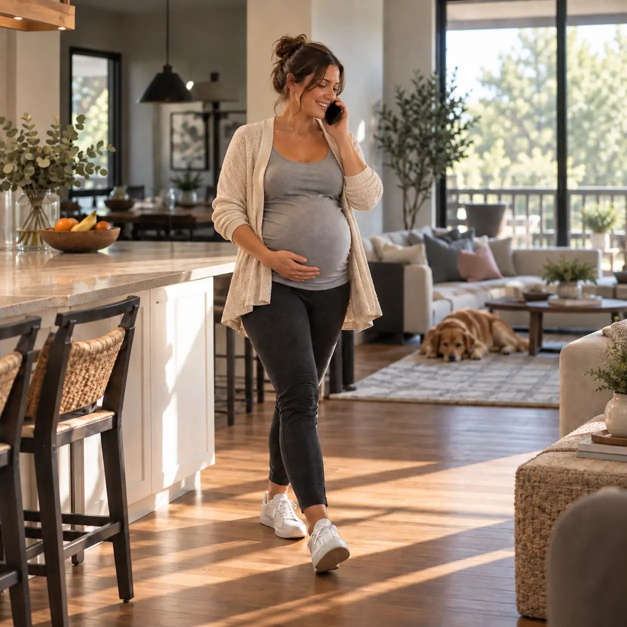Pregnant woman walking through a sunlit home