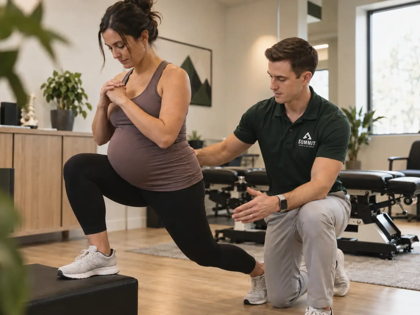 Guided prenatal lunge exercise at Summit Spine and Wellness