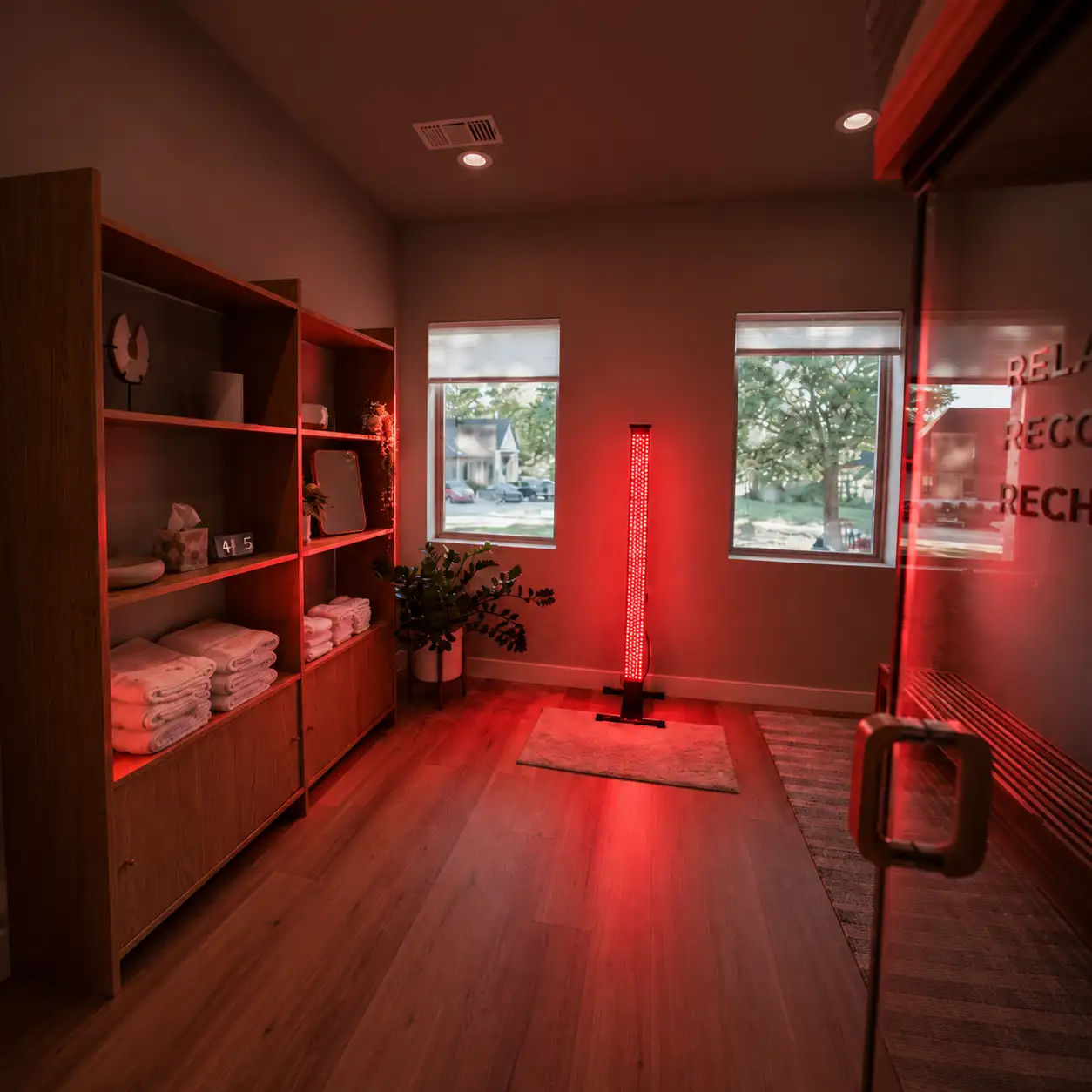 An illuminated red light therapy tower between two windows in a wellness room