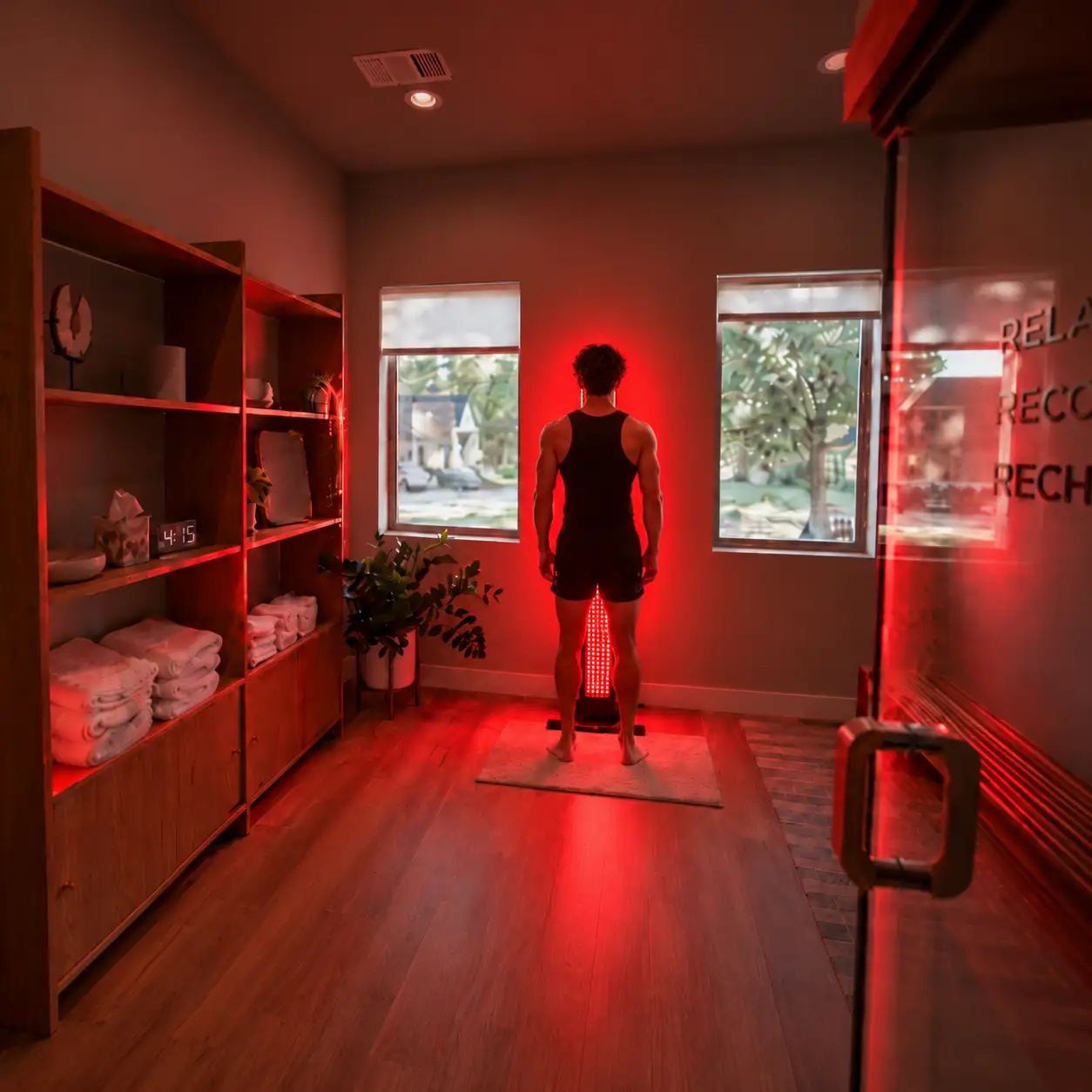 A man standing in front of a red light tower in a wellness room